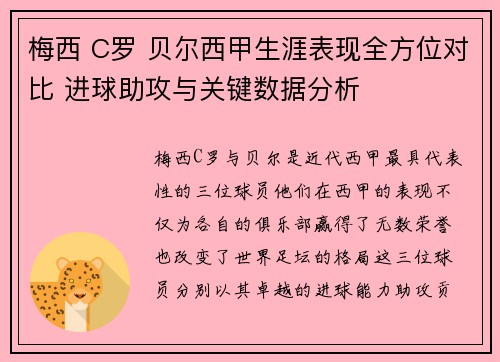 梅西 C罗 贝尔西甲生涯表现全方位对比 进球助攻与关键数据分析